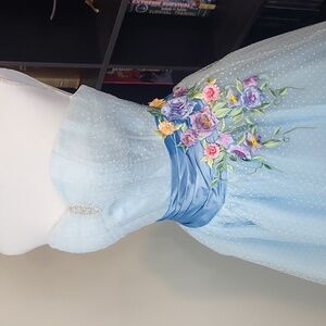 NIGHT MOVES Blue Polka-dot Embroidered Floral Detail Prom Quinceanera Ball Gown